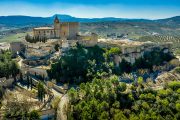 Alcala la Real aerial panorama view of the medieval ruined hilltop  fortress from the Arab times in Andalucia Spain near Granada