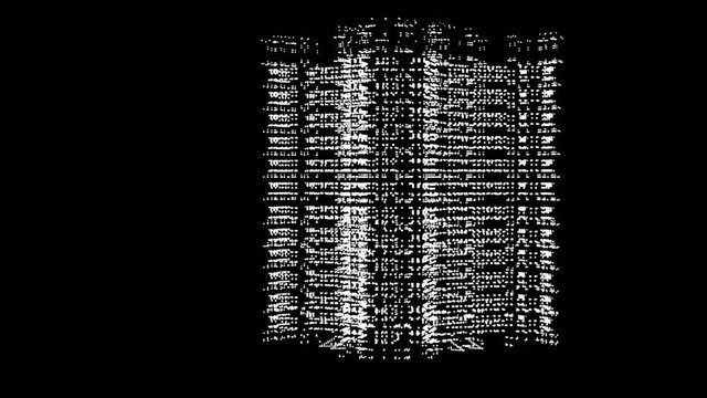 A projection of a building on a black background of particles