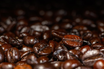 Dark brown roasted coffee beans under artificial light for background