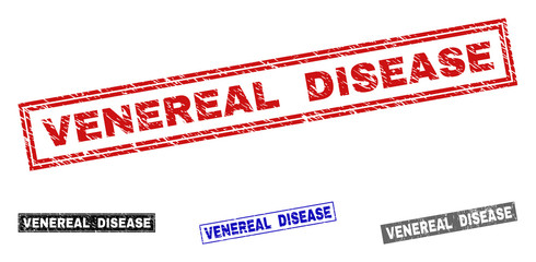 Grunge VENEREAL DISEASE rectangle stamp seals isolated on a white background. Rectangular seals with grunge texture in red, blue, black and gray colors.