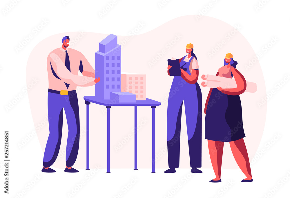 Poster architect engineer create building project in office. woman worker in helmet projecting construction