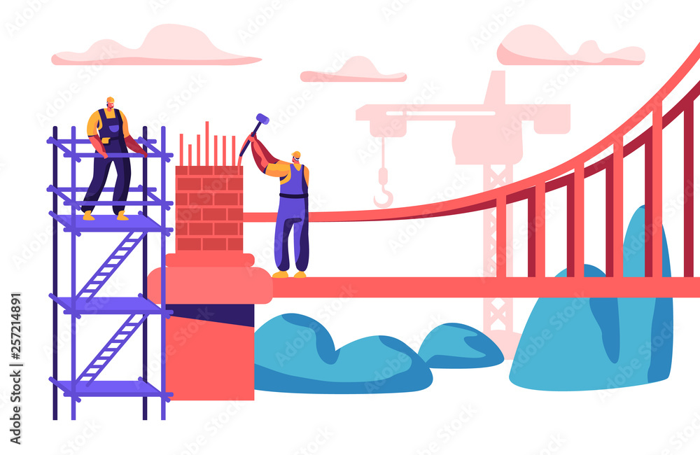 Poster builder man building bridge with bricks. group of engineer build gate with hammer. worker in helmet 