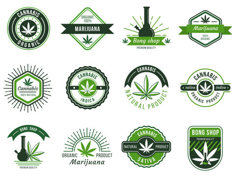 Marijuana label. Smoke weeds, cannabis joint and hashish or weed smoking device. Marijuana seeds vector illustration set