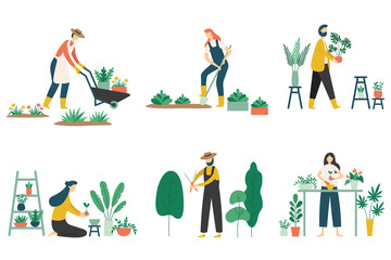 People gardening. Woman planting gardens flowers, agriculture gardener hobby and garden job flat vector illustration set - obrazy, fototapety, plakaty