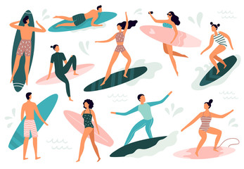 Surfing people. Surfer standing on surf board, surfers on beach and summer wave riders surfboards vector illustration set - obrazy, fototapety, plakaty
