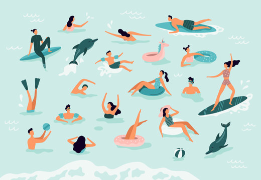 Sea swimming. Active people diving, swim with dolphins and surfing. Summer ocean swimming vector illustration