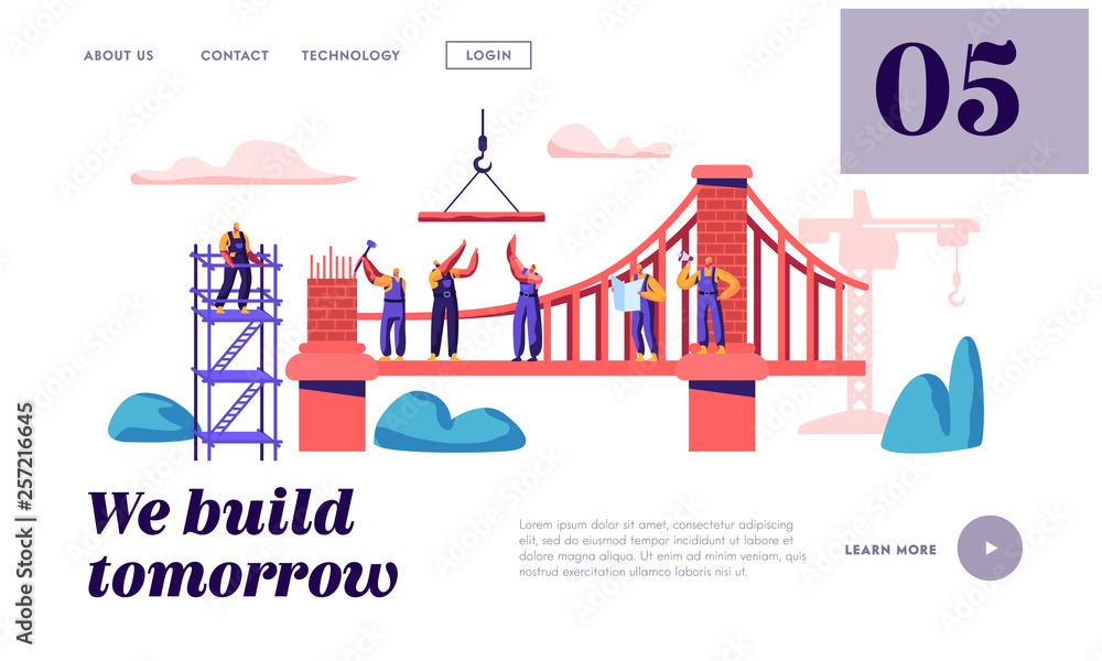 Poster builder construct brick bridge with construction crane and hammer landing page. architect worker bui