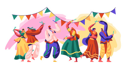 Fototapeta premium India Festival. Celebrate Holiday Day in Country. Traditional Style of Dance Include Refined and Experimental Fusion of Classical, Folk and Western Forms. Flat Cartoon Vector Illustration