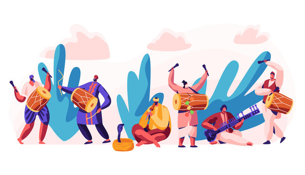 Festival in India. Celebrate Day in Country. Character Play Classical Traditional Music on Dotara, Chitravina and Drummer on Mridangam. Snake Charmer Playing Pungi. Flat Cartoon Vector Illustration