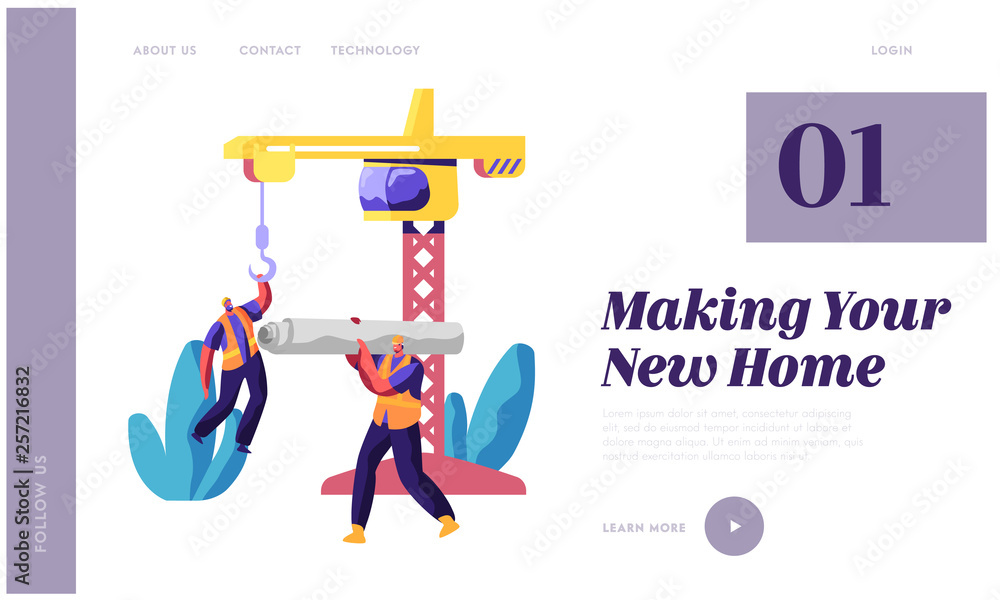Poster professional builder in uniform in process construction landing page. worker in hardhat keep crane. 