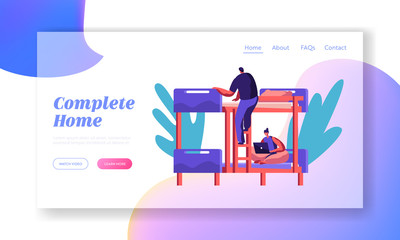 Smiling Woman Character with Laptop Sitting on Bed in Hostel Room Landing Page. International Economy Travel Conceptor Web Page. Hotel Interior Inside Flat Cartoon Vector Illustration