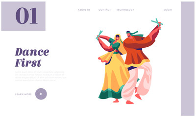 Indian Dancer Performing on Festival Landing Page. Male and Woman Dance in Costume in Exotic India. Lady in Sari Dancing on Asian Show Ceremony Website or Web Page. Flat Cartoon Vector Illustration