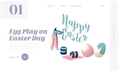 Happy Easter Traditional Religious Spring Holiday Concept Landing Page. Female Character Decorate Wall with Brush, Painting Egg Colorful Website or Web Page. Flat Cartoon Vector Illustration