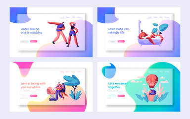 People Spending Time Together Landing Page. Happy Family with Pram. Dancing Couple Characters, Lovers in Air Balloon for Website or Web Page. Flat Cartoon Vector Illustration