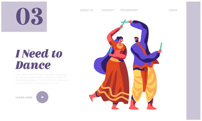 Obraz premium Asian Dance at National Festival in India Landing Page. Classical Dancing Show. Man Dancer Performing Choreography at Ceremonial Performance Website or Web Page. Flat Cartoon Vector Illustration