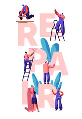 Worker Character Make Repair Apartment Poster. Man and Woman with Tool Glue Wallpaper, Paint wall, Change Light and Lamp, Lay Parquet Floor. Improvement Renovation Flat Cartoon Vector Illustration