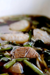 Stewed pork and pork ball soup with vegetable in white bowl, Chinese style soup usually served with rice, high protein and cholesterol level that affect health problem, with space for write wording