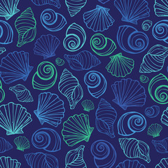 Vector blue seashells repeat pattern. Suitable for gift wrap, textile and wallpaper.