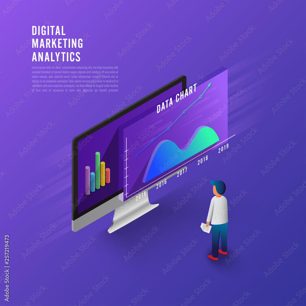 Aufkleber flat design concept business strategy. 3d isometric flat design. analysis data and investment. busin