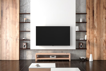 Smart Tv Mockup hanging on the wall in living room with shelves
