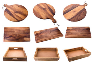 Set of empty wooden tray isolated over a white background.