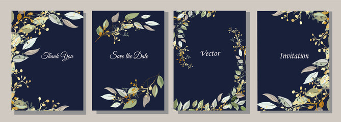 Set of cards with gold and leaves. Decorative invitation to the holiday. Wedding, birthday. Universal card. Template for text.  Vector illustration.