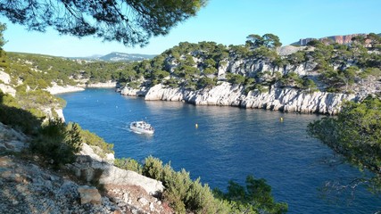Fototapeta na wymiar Calanques de Marseille, panorama sur la calanque de Port-Pin près de Cassis, avec un bateau (France)
