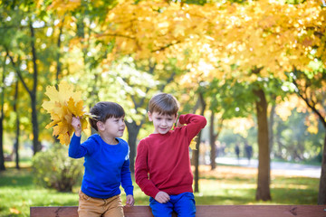 Fototapeta na wymiar happy friends, schoolchildren having fun in autumn park among fallen leaves