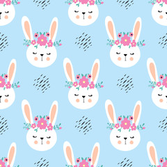 Happy bunny with flowers, children’s seamless pattern. Sketch for wrapping paper with cute rabbits.