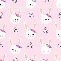 Happy bunny with flowers, children’s seamless pattern. Sketch for wrapping paper with cute rabbits.