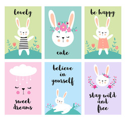 Set of cards with cute cartoon rabbits, different characters. Illustrations for  cards, posters, cards..