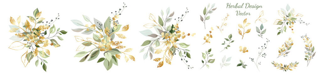 Arrangement of decorative leaves and gold elements. Set: leaves, twigs, herbs, compositions of leaves, gold elements. Vector design. - 257223653