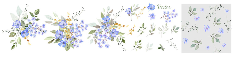 Kolekcja. Kompozycja niebieskich kwiatów, dekoracyjnych liści i złotych elementów. Zestaw: liście, gałązki, zioła, złoto, kompozycje kwiatowe, bezszwowe tło. Projekt wektor - 257223882