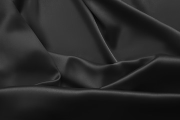 Fototapeta na wymiar Black luxury wavy rippled glossy silk drapery cloth fabric