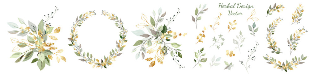 Set. Arrangement of decorative leaves and gold elements. Collection: leaves, twigs, herbs, leaf compositions, gold, wreath. Vector design.