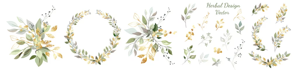 Satz. Arrangement aus dekorativen Blättern und Goldelementen. Sammlung: Blätter, Zweige, Kräuter, Blattkompositionen, Gold, Kranz. Vektordesign. © Erenai
