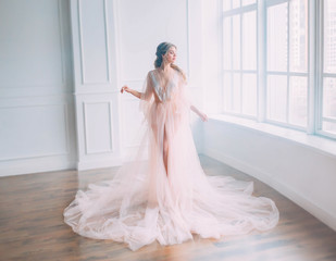 cute attractive princess with blond hair in pink light dress posing in sunlight of large window, sleeping beauty woke up, gentle lace peignoir and veil, lady in spacious bright room with white walls