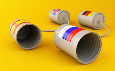 3d Tin can phones with flags connected by string