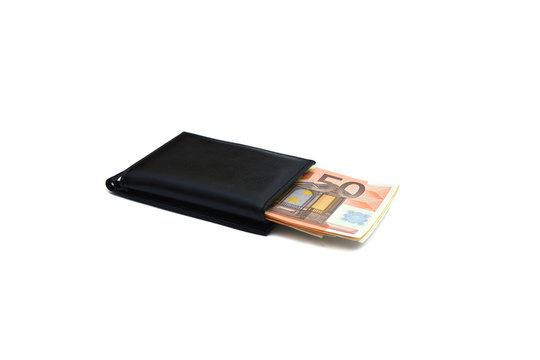 Photo, isolate on a white background - a black purse with banknotes of 50 euro. Saving money.