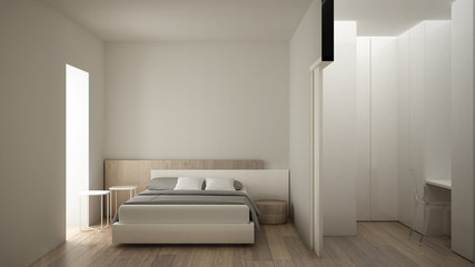 Minimalist modern white and wooden bedroom with walk-in closet, parquet floor, double bed, bedside tables and desk, contemporary interior design, cross section