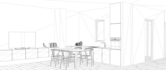 Blueprint project draft, sketch of minimalist white kitchen with dining table and parquet floor, interior design concept idea, modern apartment with parquet floor