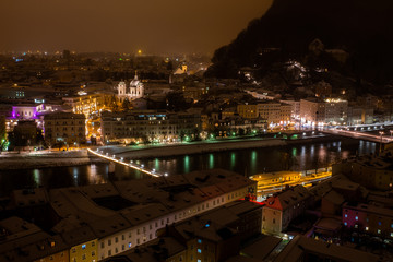 night view of the old town of Salzburg in winter