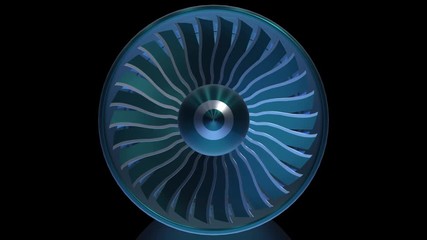 Close-up view jet engine blades. Animation of rotation turbine from turbojet airplane engine. Digital technology visualization of 3d. - Powered by Adobe