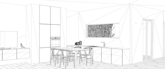 Blueprint project draft, sketch of minimalist white kitchen with dining table and parquet floor, ribbon window, interior design concept idea, modern apartment with parquet floor