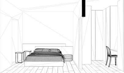 Blueprint project draft, sketch of minimalist modern white and wooden bedroom with walk-in closet, interior design concept idea, modern apartment with parquet floor