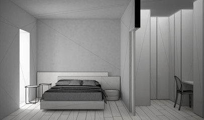 Unfinished project of minimalist modern white and wooden bedroom with walk-in closet, parquet floor, double bed, bedside tables and desk, contemporary interior design, cross section