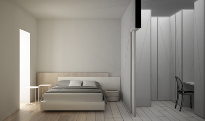 Fototapeta na wymiar Architect interior designer concept: unfinished project that becomes real, minimalist modern white and wooden bedroom with walk-in closet, parquet, double bed, modern design idea