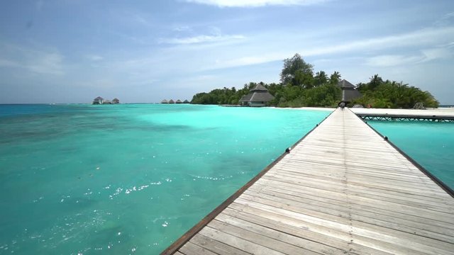 locked wide shot form long wooden pier on typical Maldive small island resort in turquoise waters and sunny vlue sky atmosphere. resort house roofs hidden in jungle flora, no people