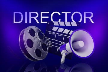 3d rendering of movie clapper, film reel and megaphone with DIRECTOR sign above on neon blue background
