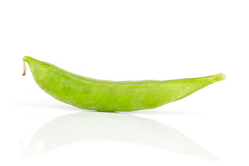 One whole green sugar snap pea pod isolated on white background